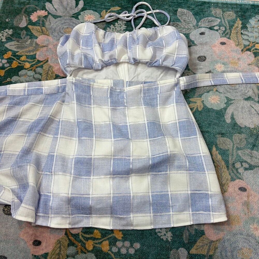 Lovers + Friends Irena Dress Revolve Small Blue White Plaid Cutout Halter Check - Picture 6 of 11